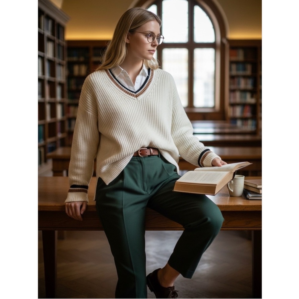 Abercrombie & Fitch V-Neck Split Cuff Sweater Women's M White Academia